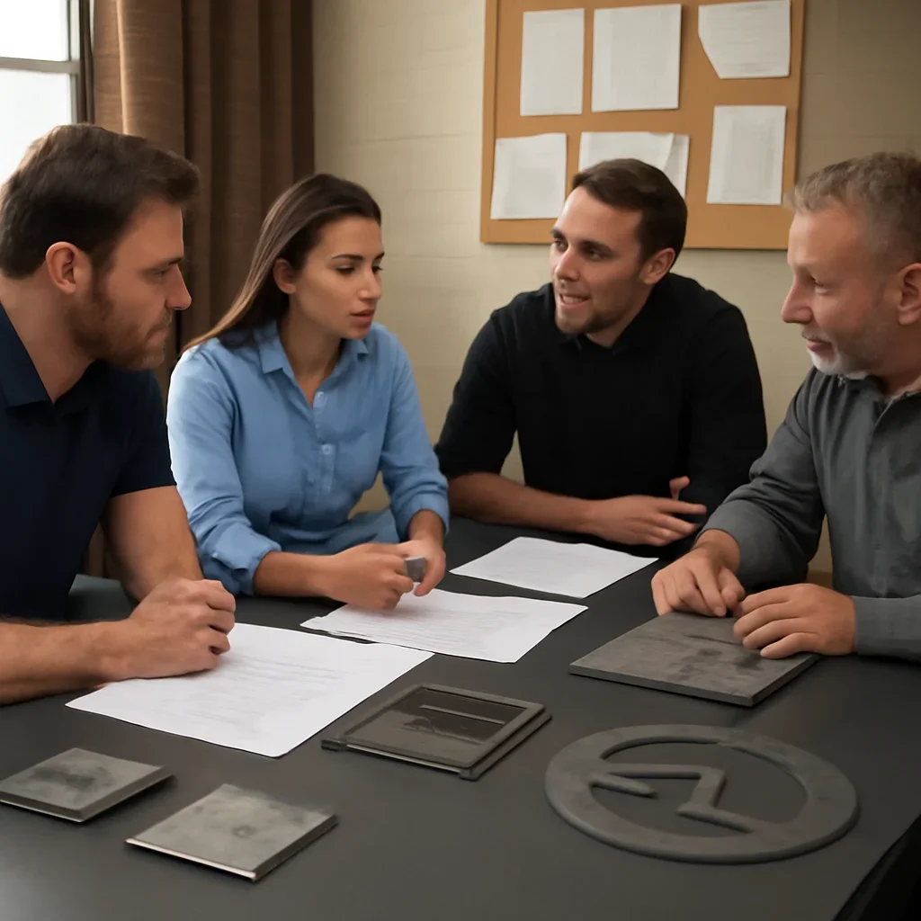 Project discussion around laser cutting vs waterjet cutting with the Riverside fabrication team