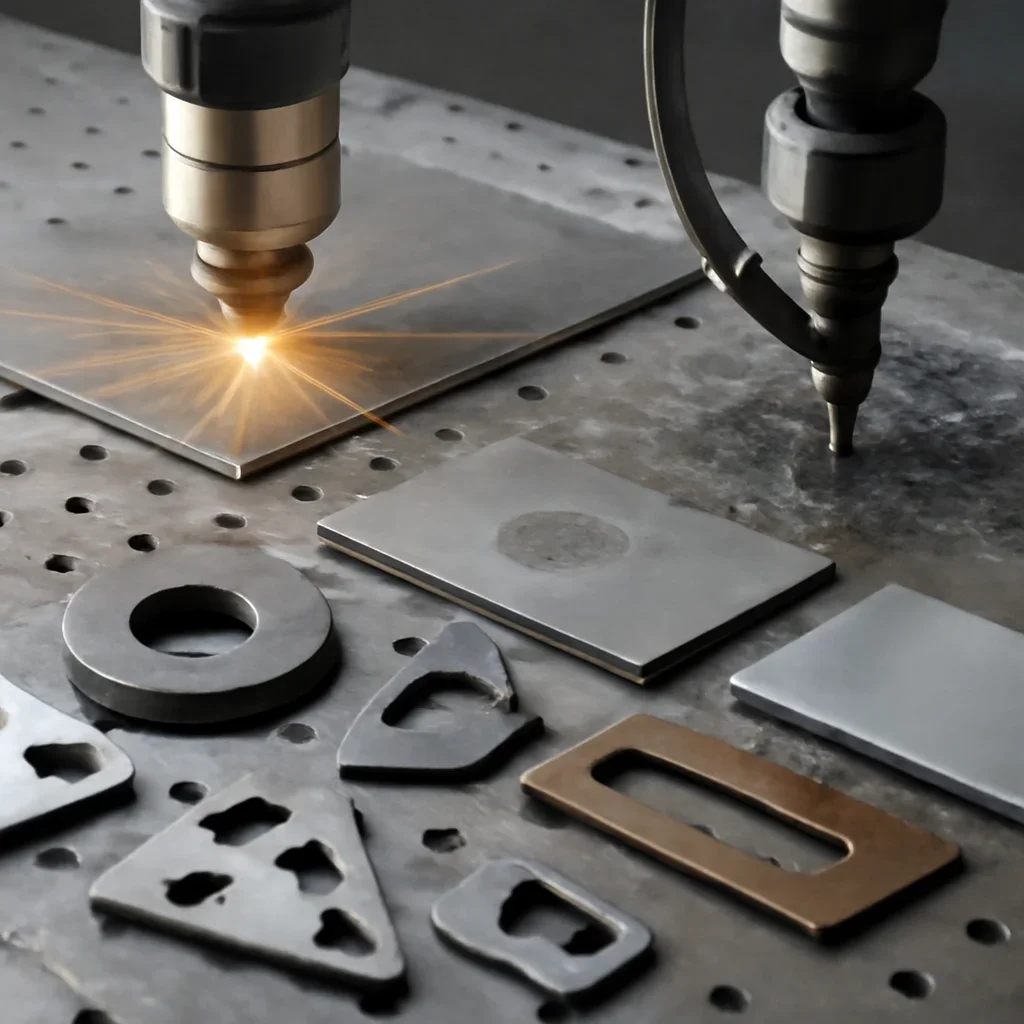Close-up detail supporting laser cutting vs waterjet cutting with parts, materials, and fabrication workflow