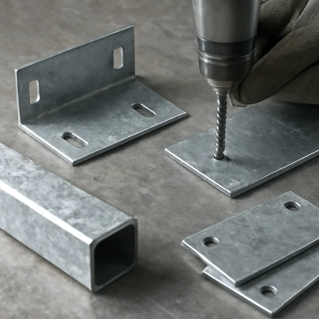 Close-up detail supporting galvanized steel fabrication with parts, materials, and fabrication workflow