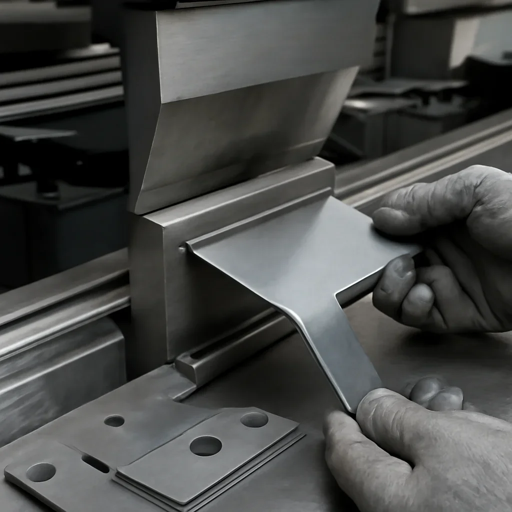 Close-up detail supporting press brake forming with parts, materials, and fabrication workflow