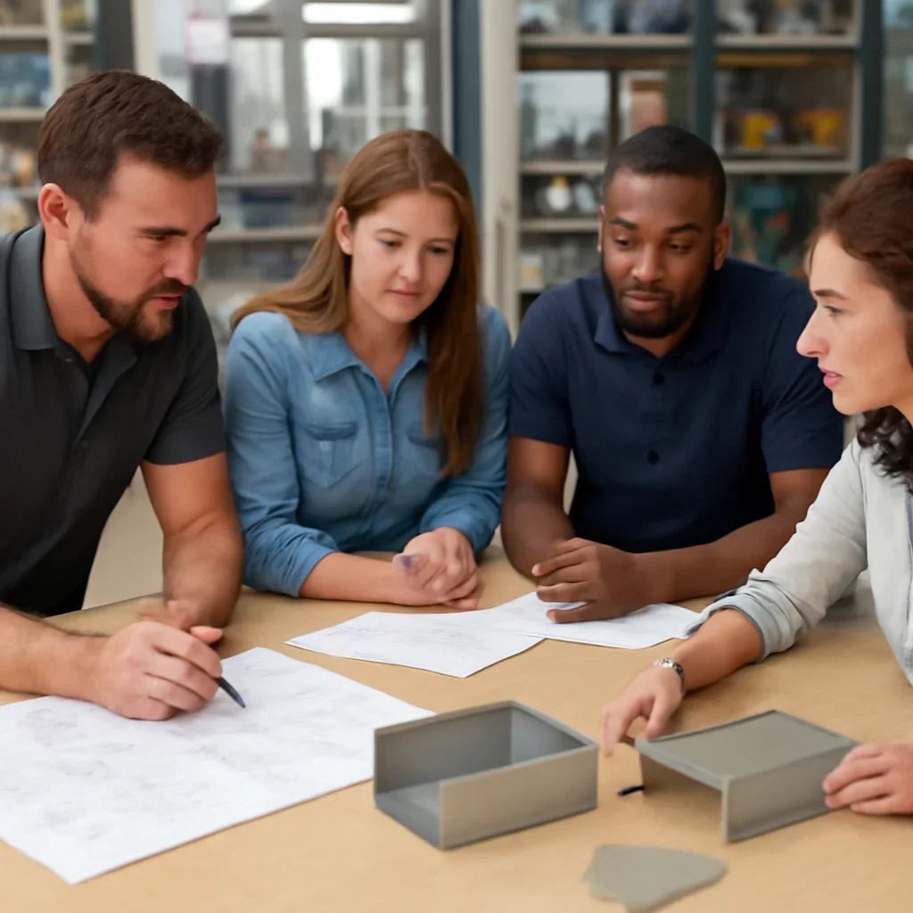 Project discussion around sheet metal fabrication with the Riverside fabrication team