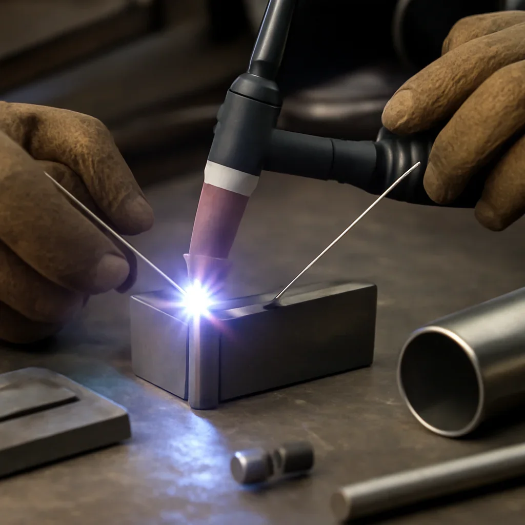 Close-up detail supporting tig welding with parts, materials, and fabrication workflow