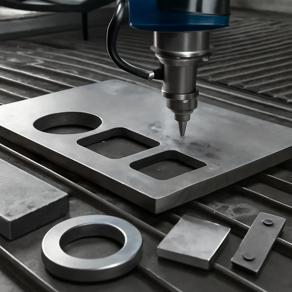 Close-up detail supporting waterjet cutting with parts, materials, and fabrication workflow