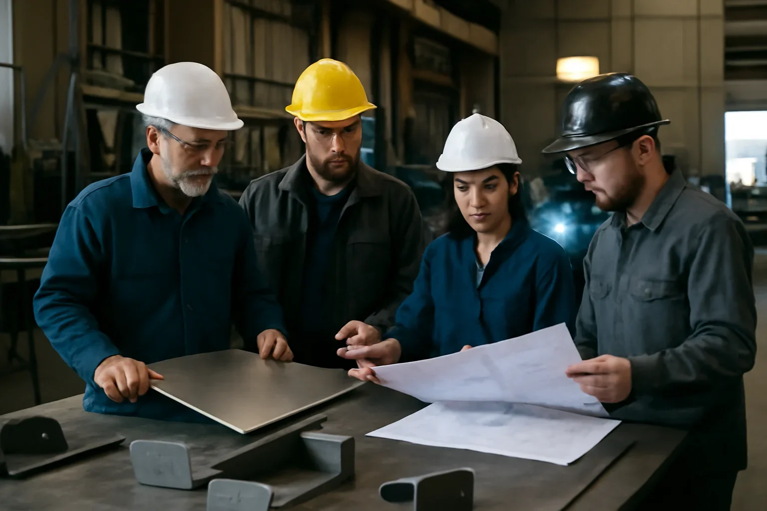 Old Bridge Metal Fabrication team reviewing custom fabricated parts and sheet metal work for Riverside projects