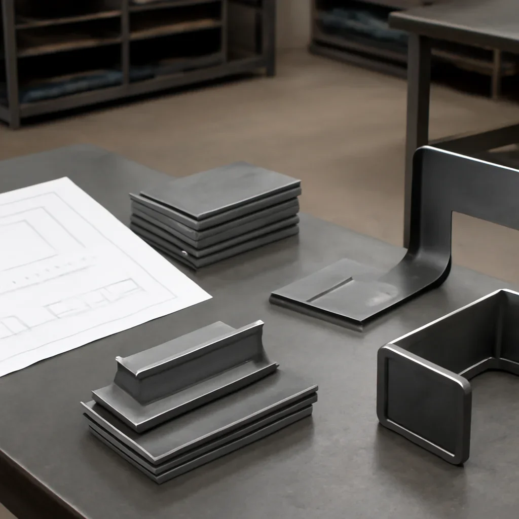 Project drawings, cut parts, and formed components moving through a fabrication workflow
