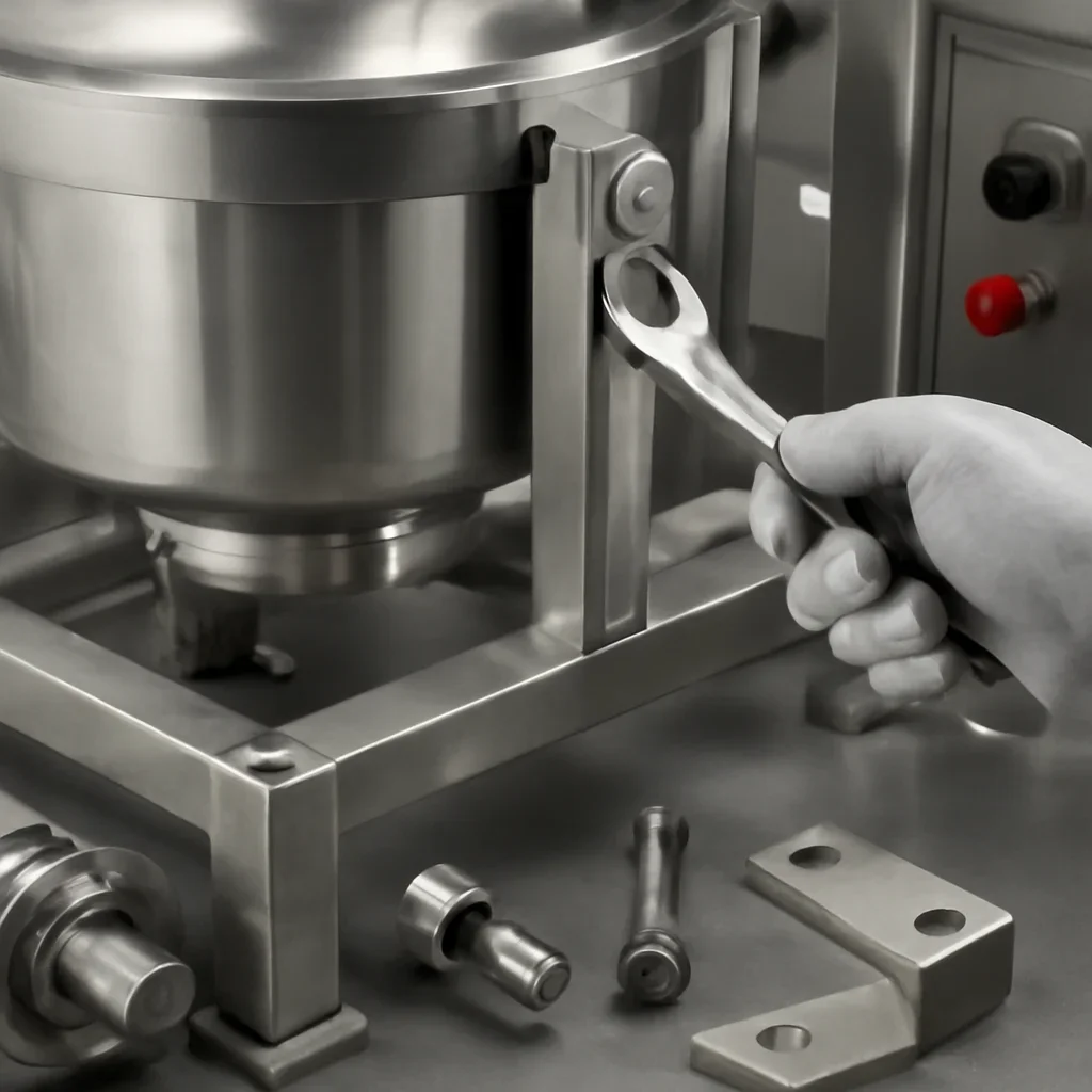 Close-up detail supporting food equipment with parts, materials, and fabrication workflow