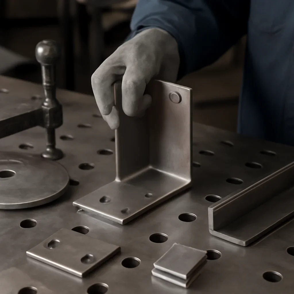 Close-up detail supporting custom brackets with parts, materials, and fabrication workflow
