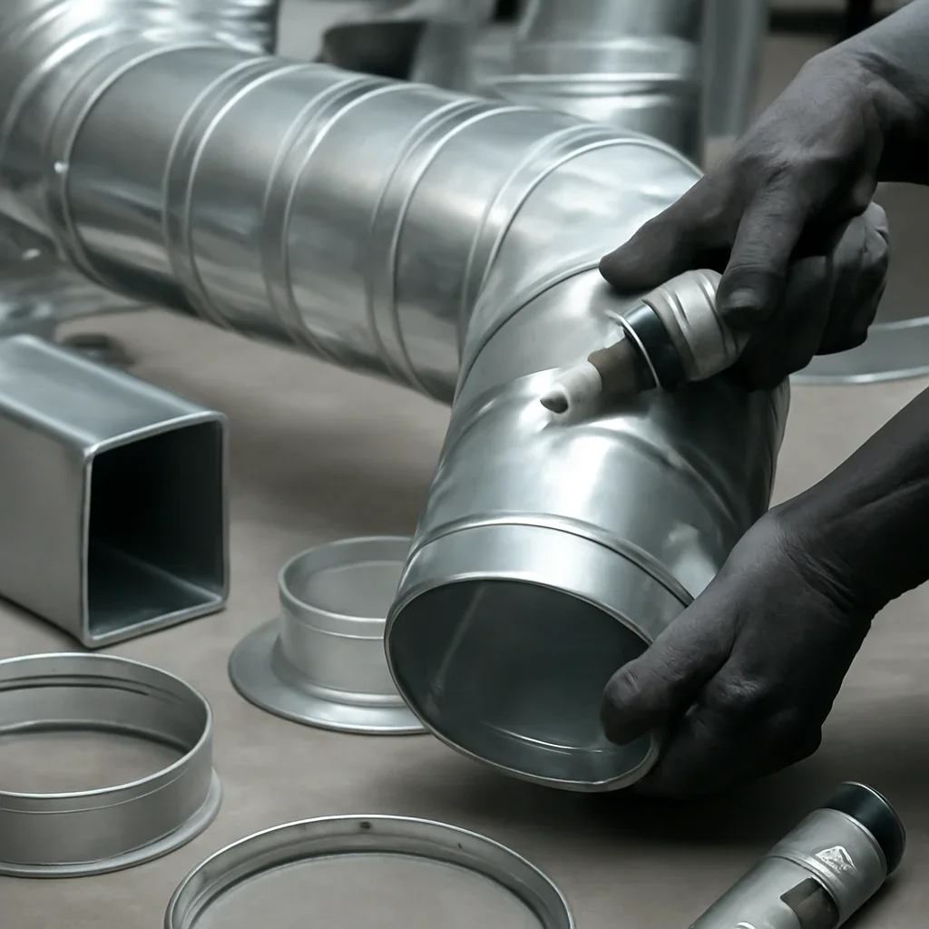 Close-up detail supporting ductwork & hvac components with parts, materials, and fabrication workflow