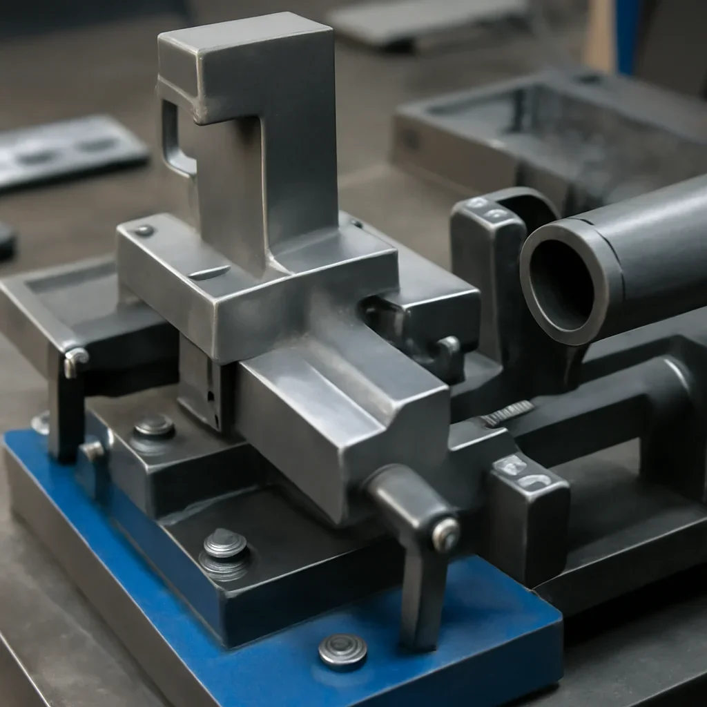 Close-up detail supporting fixtures & jigs with parts, materials, and fabrication workflow