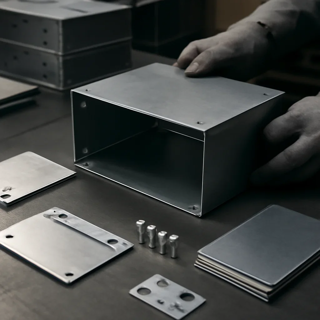 Close-up detail supporting metal enclosures with parts, materials, and fabrication workflow