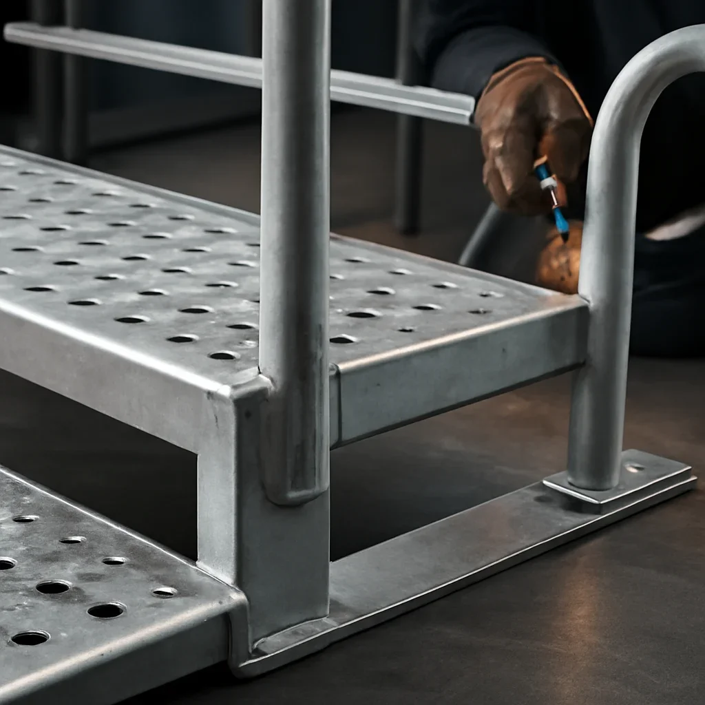 Close-up detail supporting platforms & guards with parts, materials, and fabrication workflow